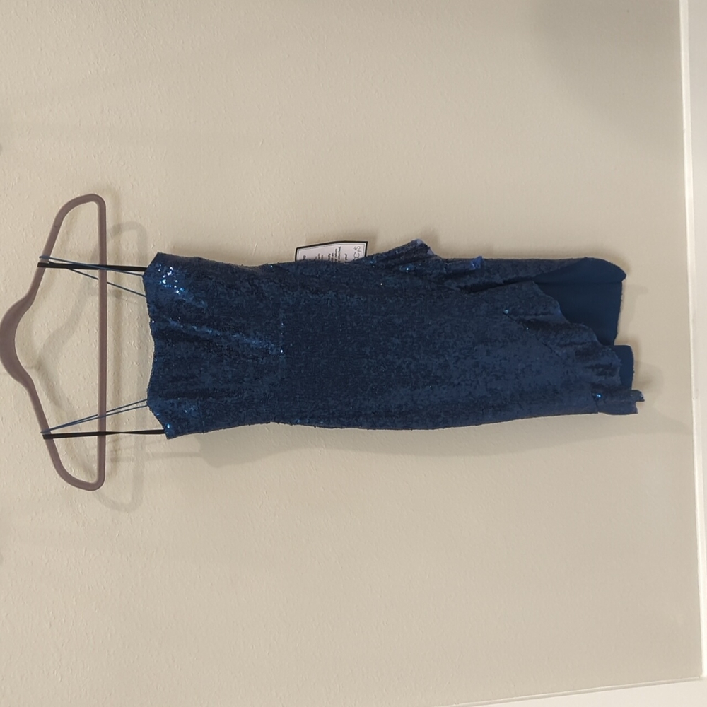 Blue sequin strap dress with front ruffle
